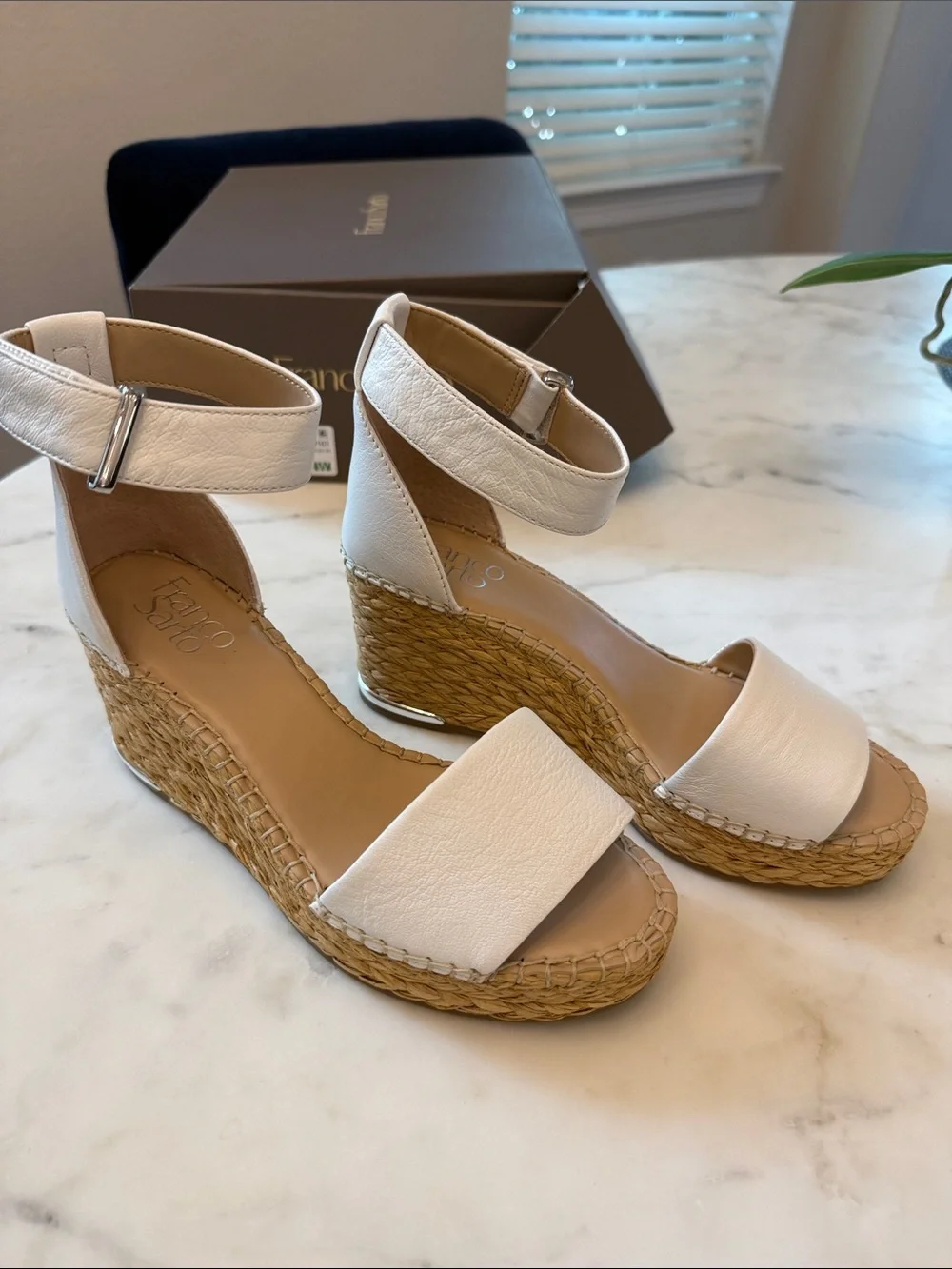 Franco Sarto White Leather Wedge Sandals with Ankle Strap